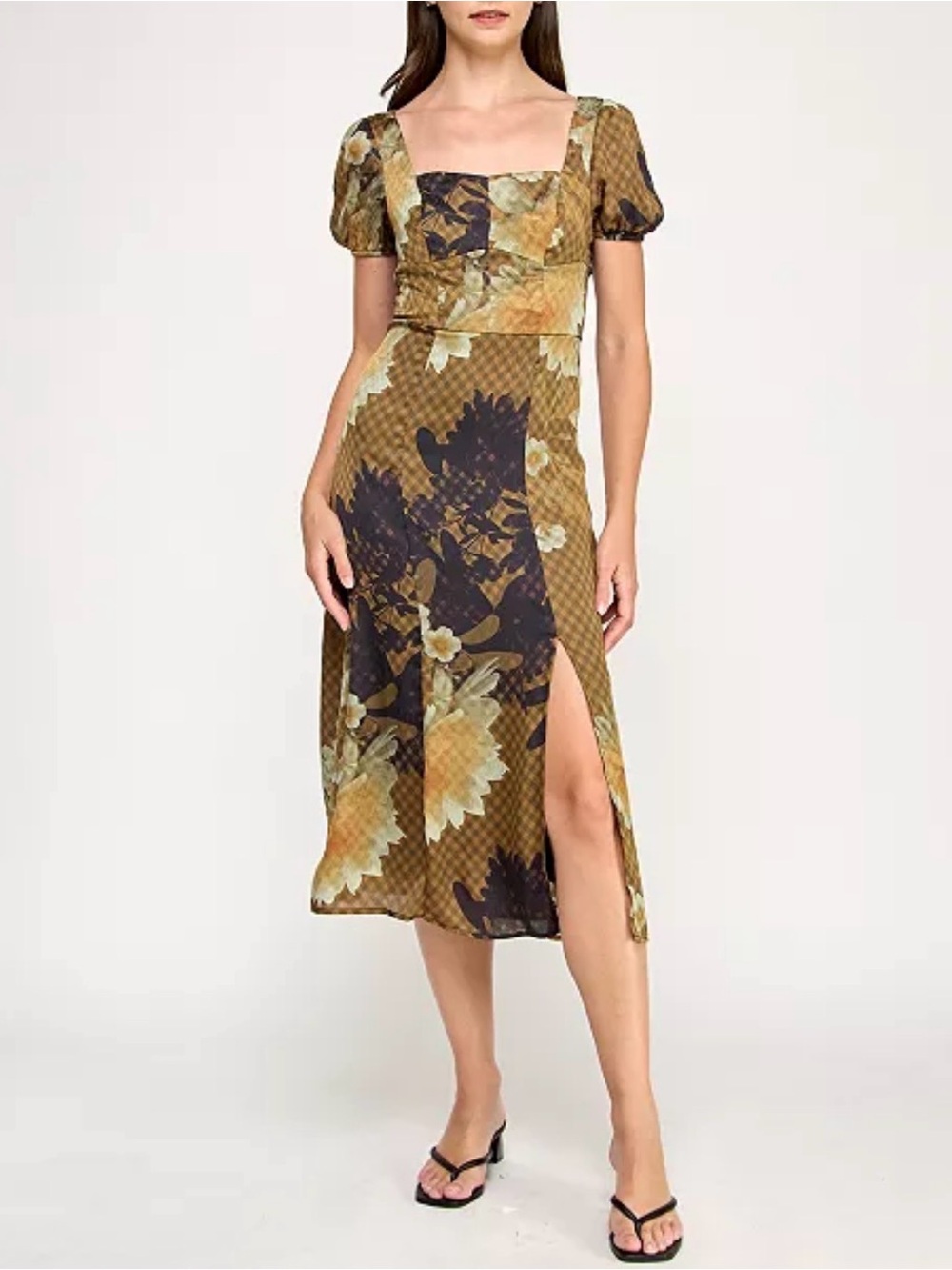 BCX Floral Square-Neck Midi Dress in Olive Brown sz M nwt